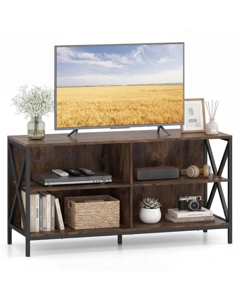 Wooden TV Stand Entertainment for TVs up to 55 Inch with X-Shaped Frame-Rustic Brown - Rustic Brown - Entertainment