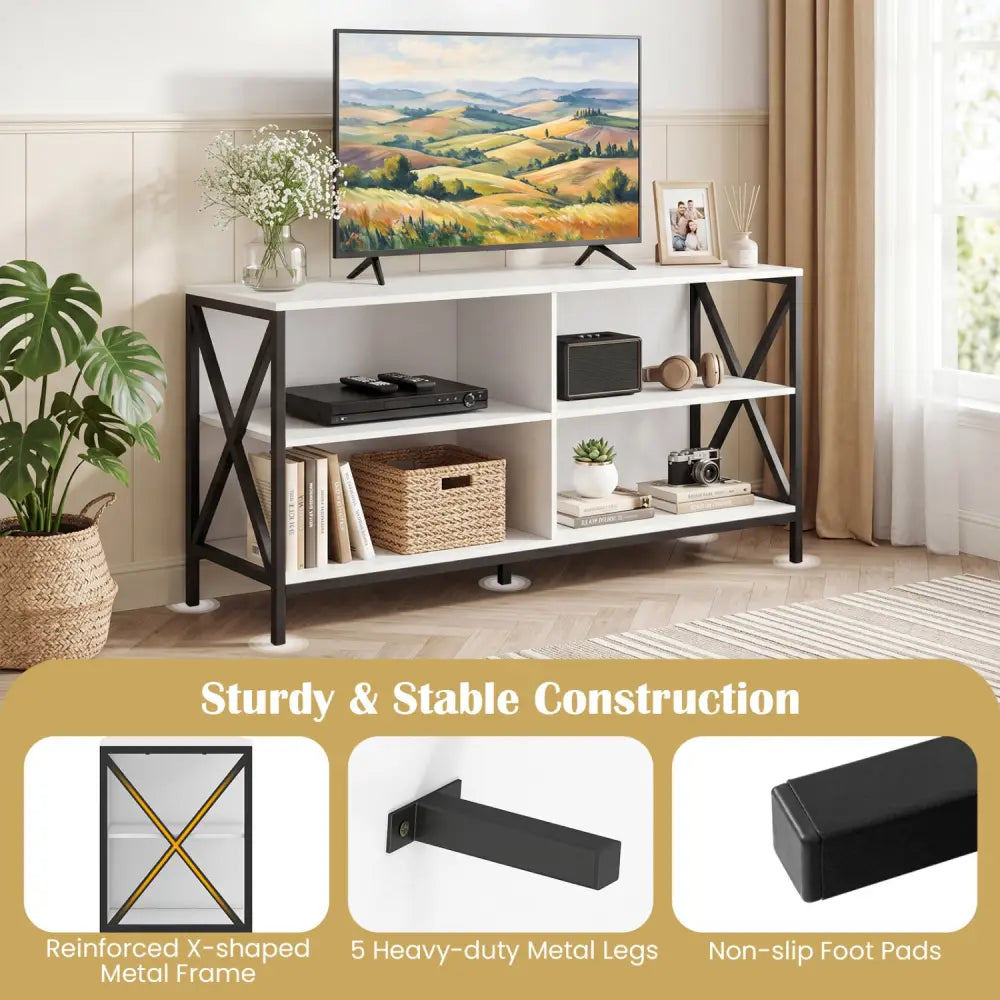 Wooden TV Stand Entertainment for TVs up to 55 Inch with X-Shaped Frame-White - White - Entertainment Centers & TV