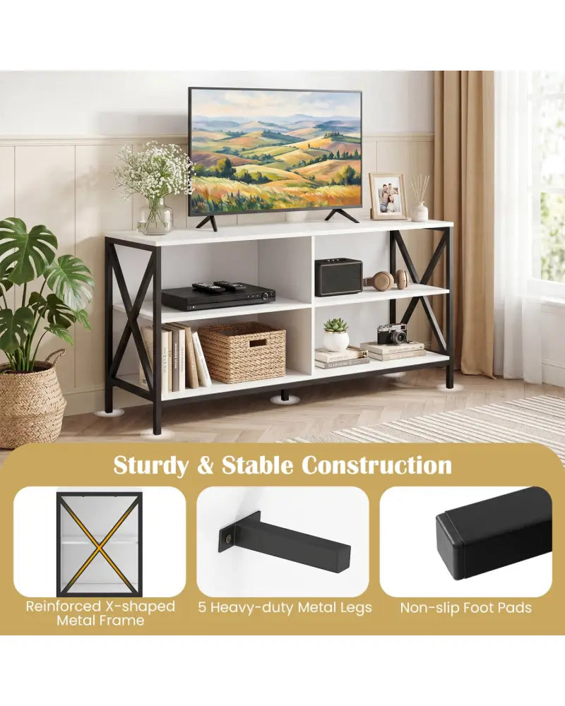 Wooden TV Stand Entertainment for TVs up to 55 Inch with X-Shaped Frame-White - White - Entertainment Centers & TV