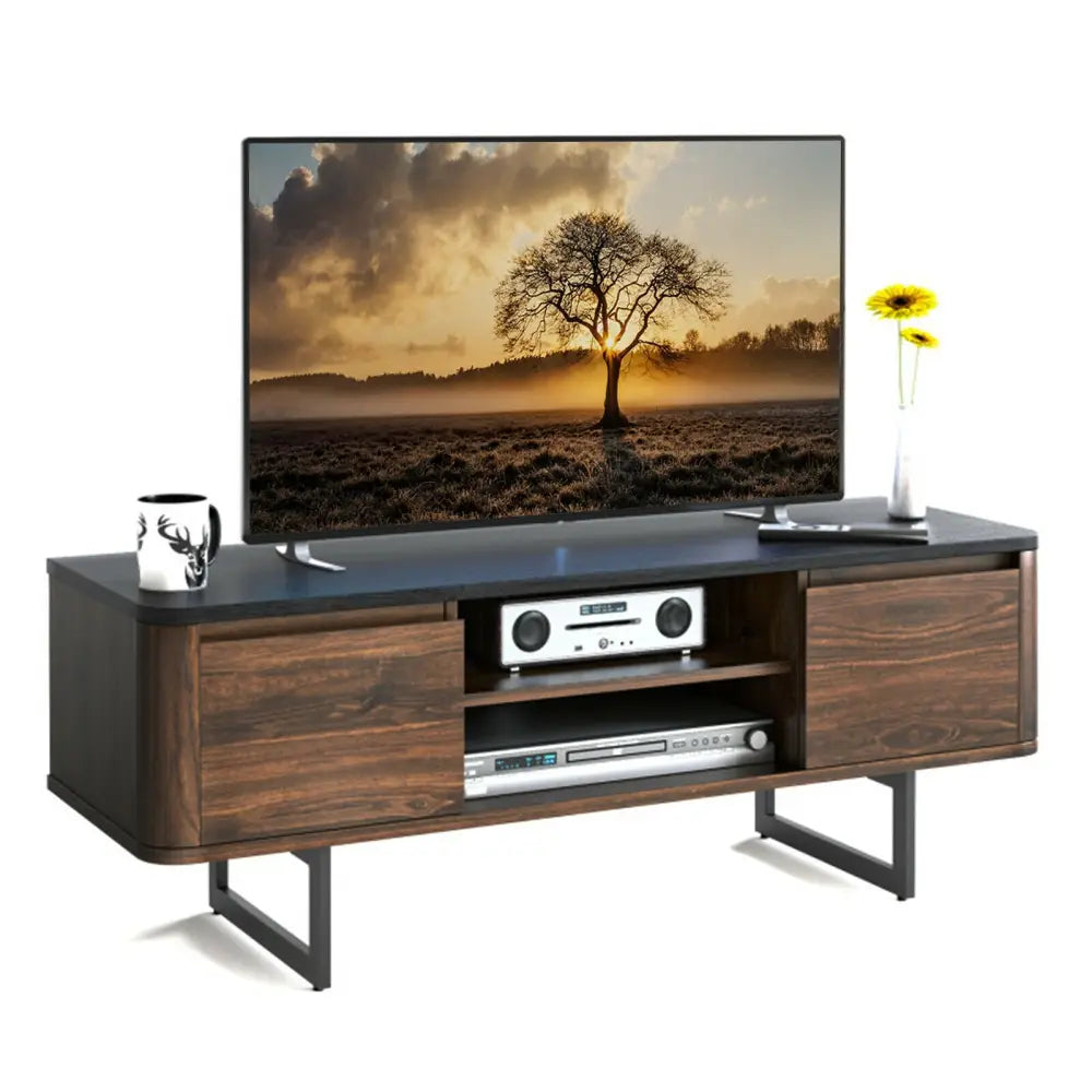 Wooden TV Stand with 2-Door Storage Cabinets for for TVs up to 55 Inch - Brown - Entertainment Centers & TV Stands