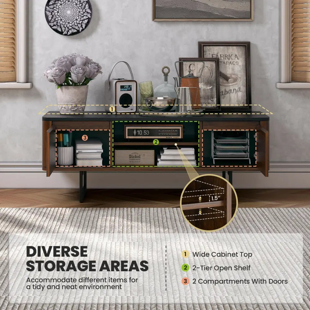 Wooden TV Stand with 2-Door Storage Cabinets for for TVs up to 55 Inch - Brown - Entertainment Centers & TV Stands