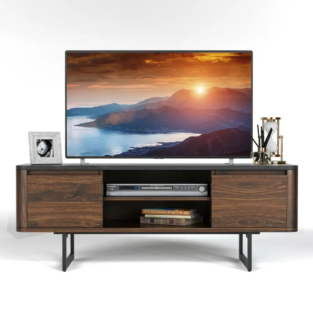 Wooden TV Stand with 2-Door Storage Cabinets for for TVs up to 55 Inch - Brown - Entertainment Centers & TV Stands