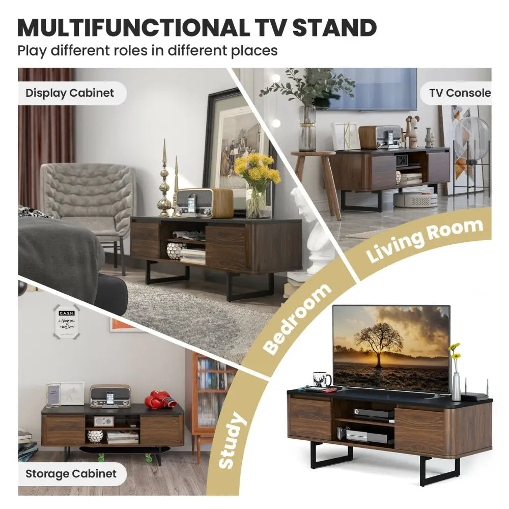 Wooden TV Stand with 2-Door Storage Cabinets for for TVs up to 55 Inch - Brown - Entertainment Centers & TV Stands