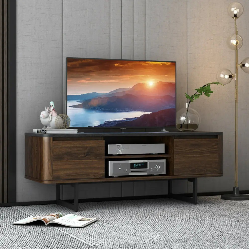 Wooden TV Stand with 2-Door Storage Cabinets for for TVs up to 55 Inch - Brown - Entertainment Centers & TV Stands