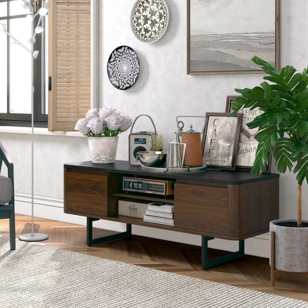 Wooden TV Stand with 2-Door Storage Cabinets for for TVs up to 55 Inch - Brown - Entertainment Centers & TV Stands