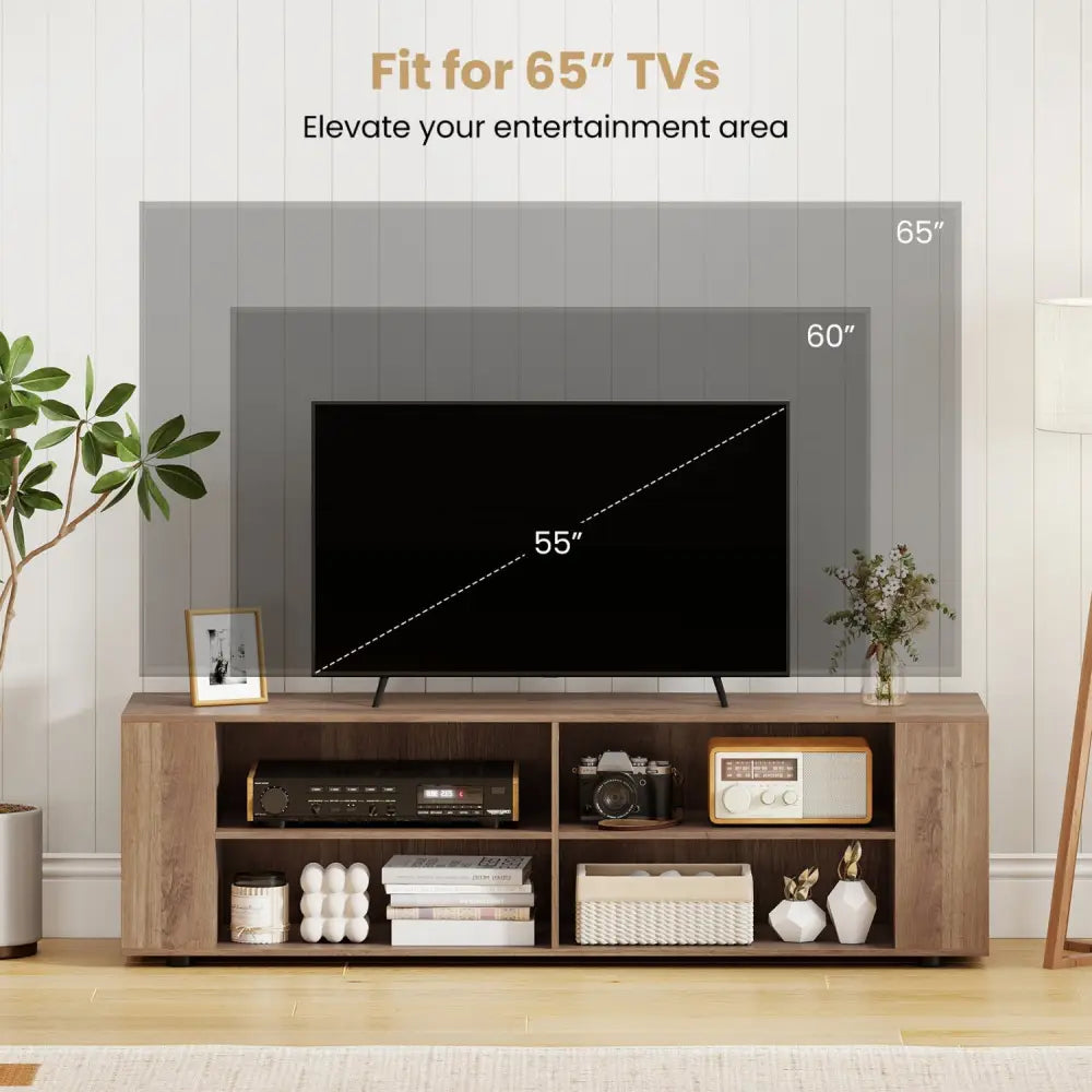 Wooden TV Stand with 8 Open Shelves for TVs up to 65 Inch Flat Screen-Light Gray - Light Gray - Entertainment Centers &