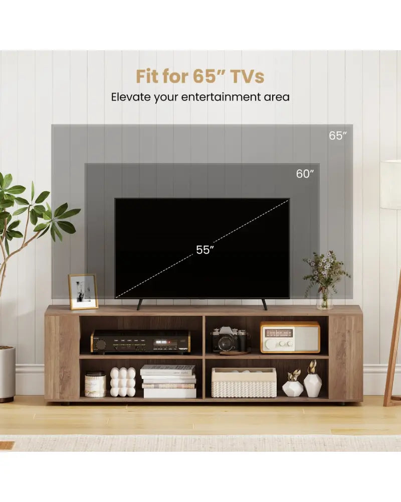 Wooden TV Stand with 8 Open Shelves for TVs up to 65 Inch Flat Screen-Light Gray - Light Gray - Entertainment Centers &