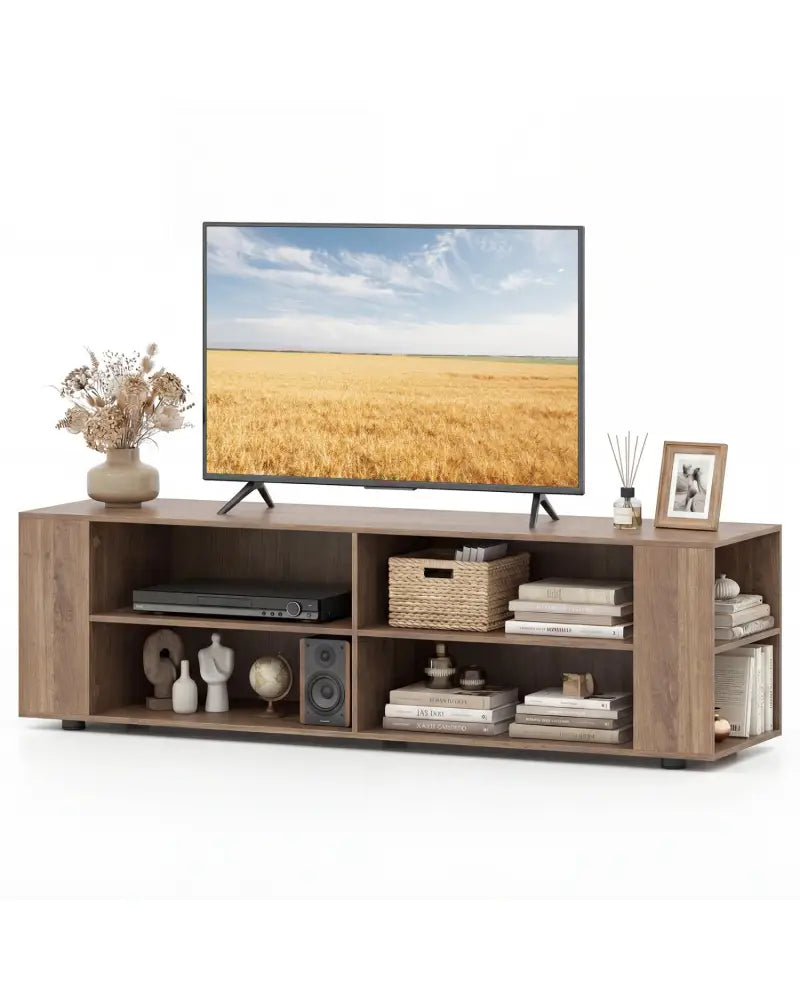 Wooden TV Stand with 8 Open Shelves for TVs up to 65 Inch Flat Screen-Light Gray - Light Gray - Entertainment Centers &