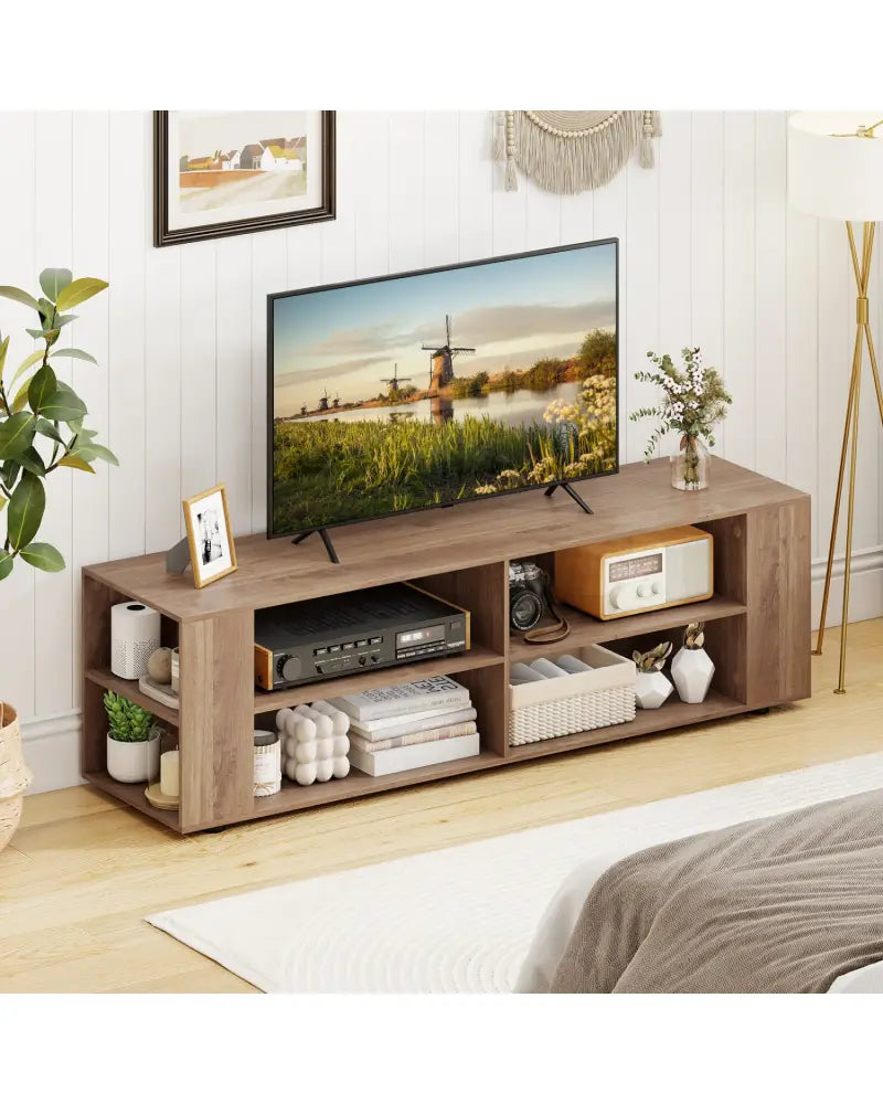 Wooden TV Stand with 8 Open Shelves for TVs up to 65 Inch Flat Screen-Light Gray - Light Gray - Entertainment Centers &