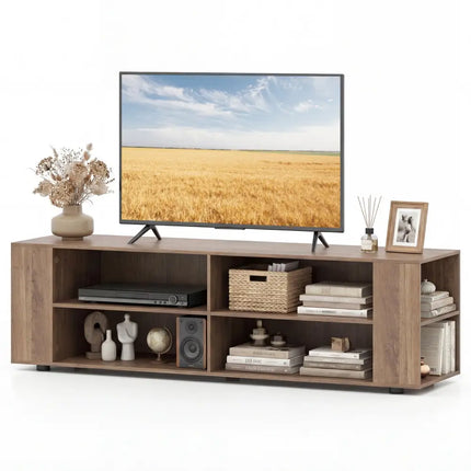 Wooden TV Stand with 8 Open Shelves for TVs up to 65 Inch Flat Screen-Light Gray - Light Gray - Entertainment Centers &