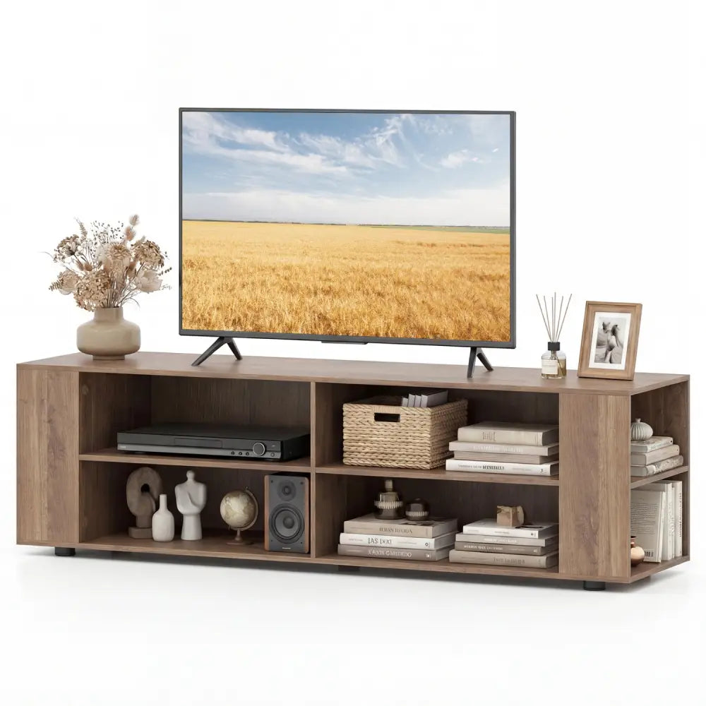 Wooden TV Stand with 8 Open Shelves for TVs up to 65 Inch Flat Screen-Light Gray - Light Gray - Entertainment Centers &