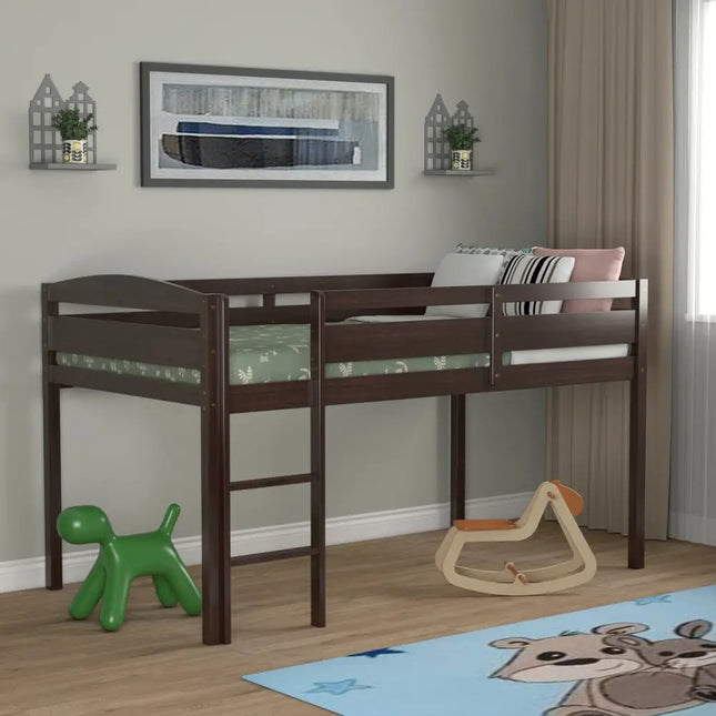 Wooden Twin Low Loft Bunk Bed with Guard Rail and Ladder-Dark Brown - Dark Brown - Bunk Bed Frame