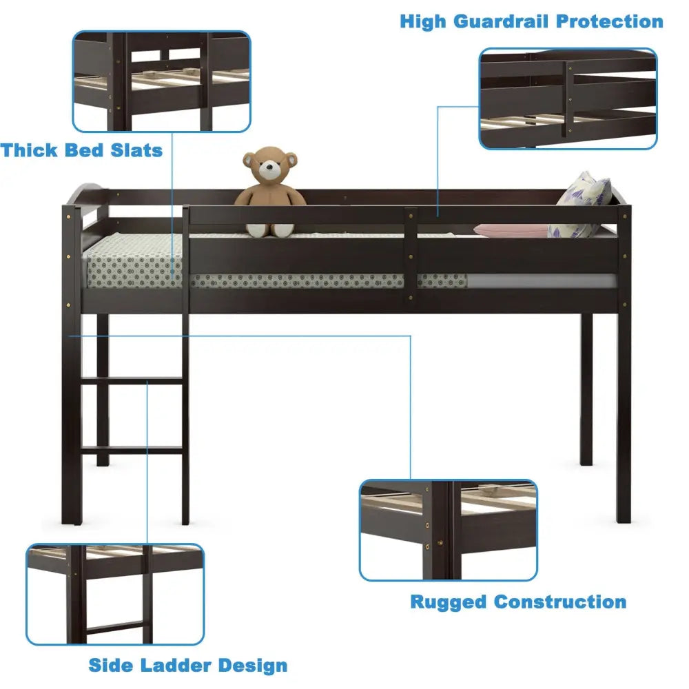 Wooden Twin Low Loft Bunk Bed with Guard Rail and Ladder-Dark Brown - Dark Brown - Bunk Bed Frame