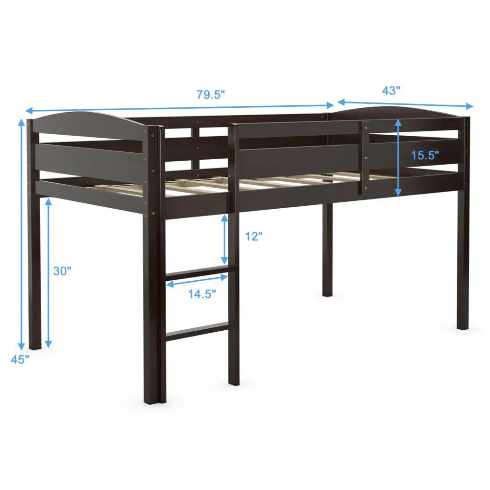 Wooden Twin Low Loft Bunk Bed with Guard Rail and Ladder-Dark Brown - Dark Brown - Bunk Bed Frame