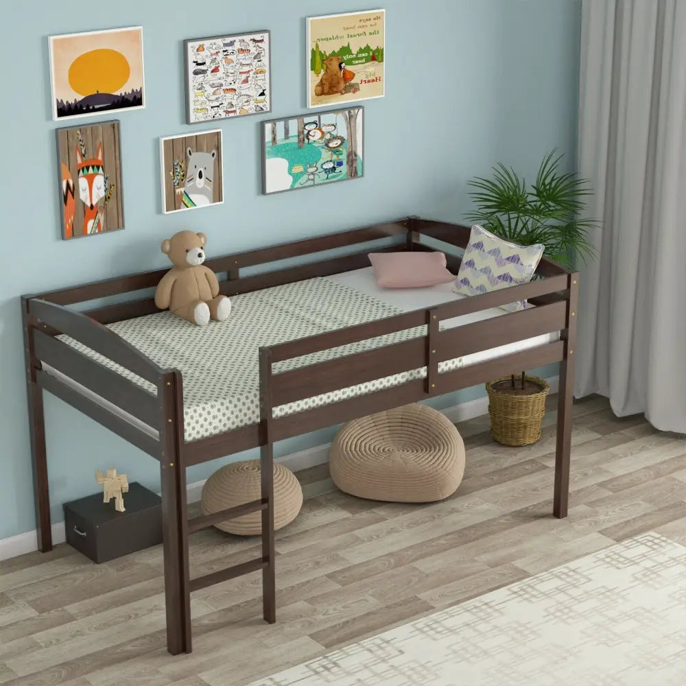 Wooden Twin Low Loft Bunk Bed with Guard Rail and Ladder-Dark Brown - Dark Brown - Bunk Bed Frame