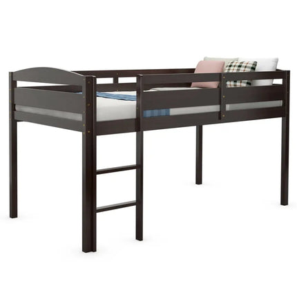 Wooden Twin Low Loft Bunk Bed with Guard Rail and Ladder-Dark Brown - Dark Brown - Bunk Bed Frame