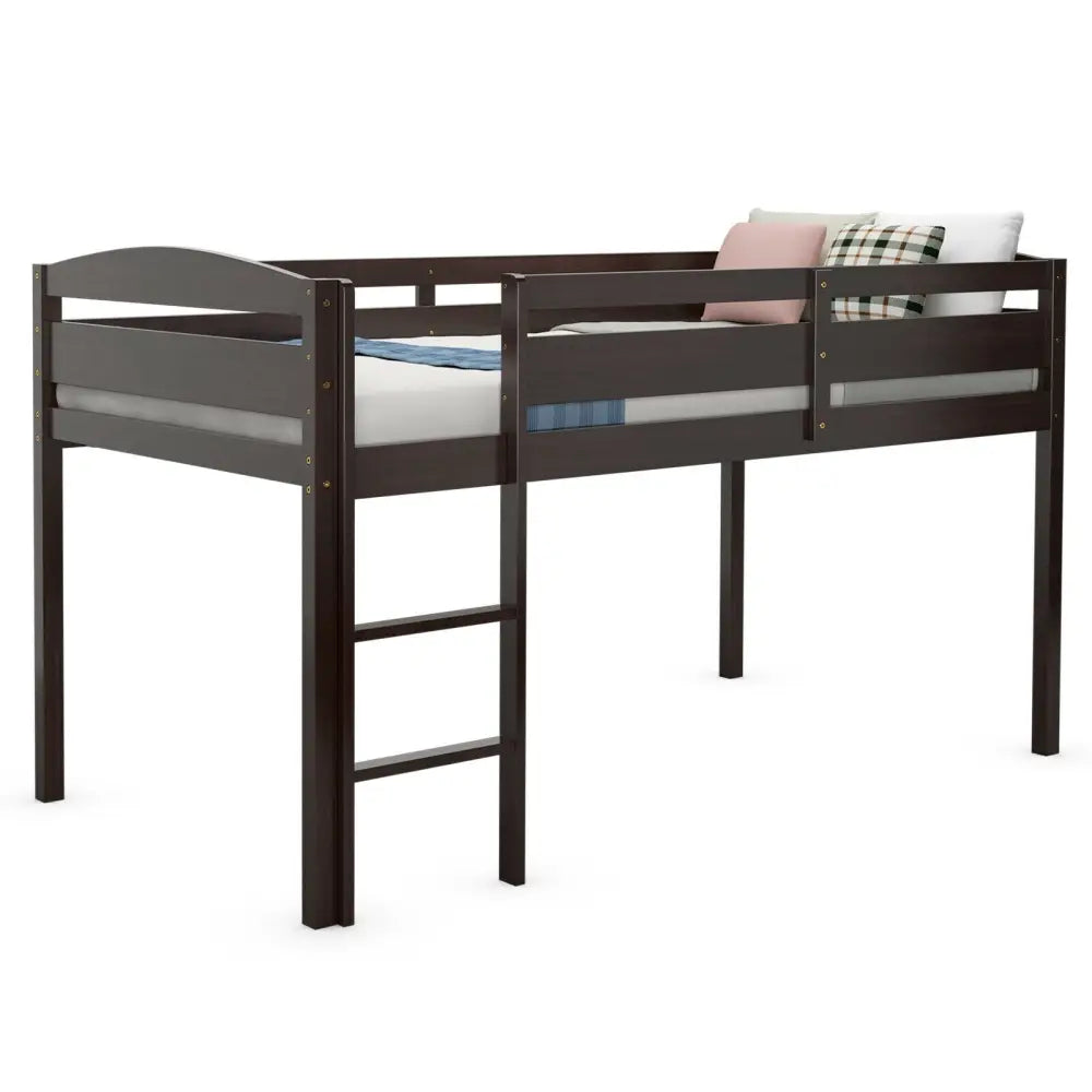 Wooden Twin Low Loft Bunk Bed with Guard Rail and Ladder-Dark Brown - Dark Brown - Bunk Bed Frame
