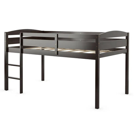Wooden Twin Low Loft Bunk Bed with Guard Rail and Ladder-Dark Brown - Dark Brown - Bunk Bed Frame
