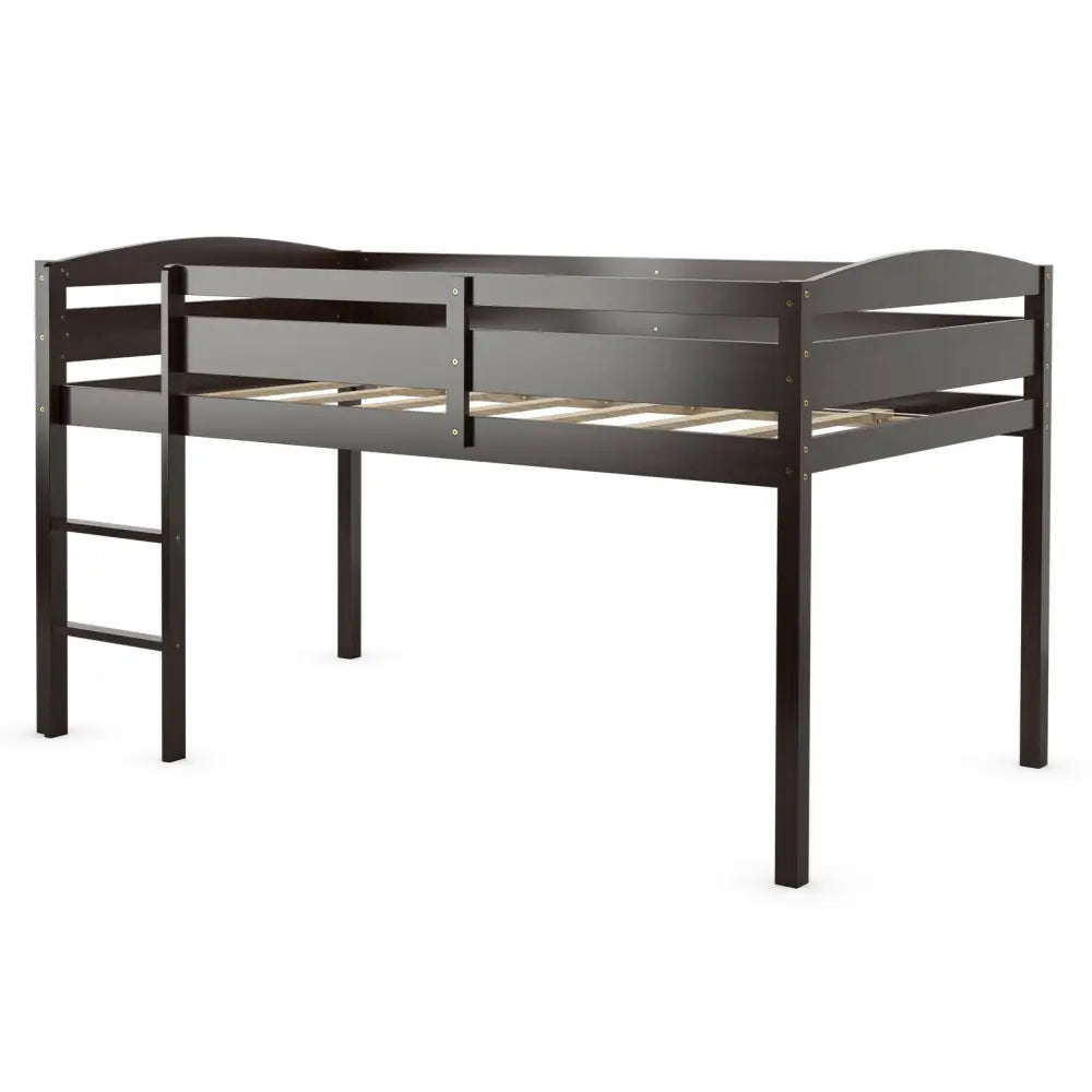 Wooden Twin Low Loft Bunk Bed with Guard Rail and Ladder-Dark Brown - Dark Brown - Bunk Bed Frame