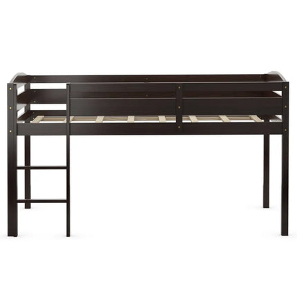 Wooden Twin Low Loft Bunk Bed with Guard Rail and Ladder-Dark Brown - Dark Brown - Bunk Bed Frame