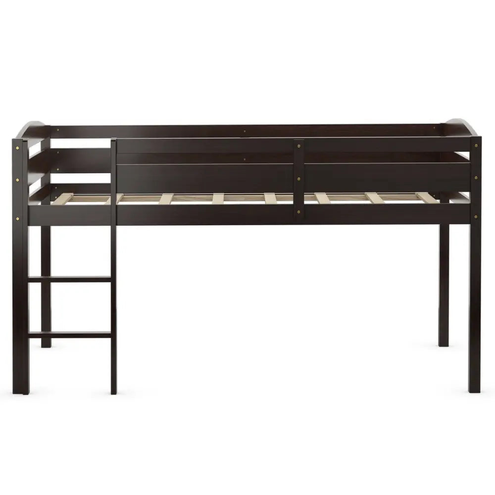 Wooden Twin Low Loft Bunk Bed with Guard Rail and Ladder-Dark Brown - Dark Brown - Bunk Bed Frame