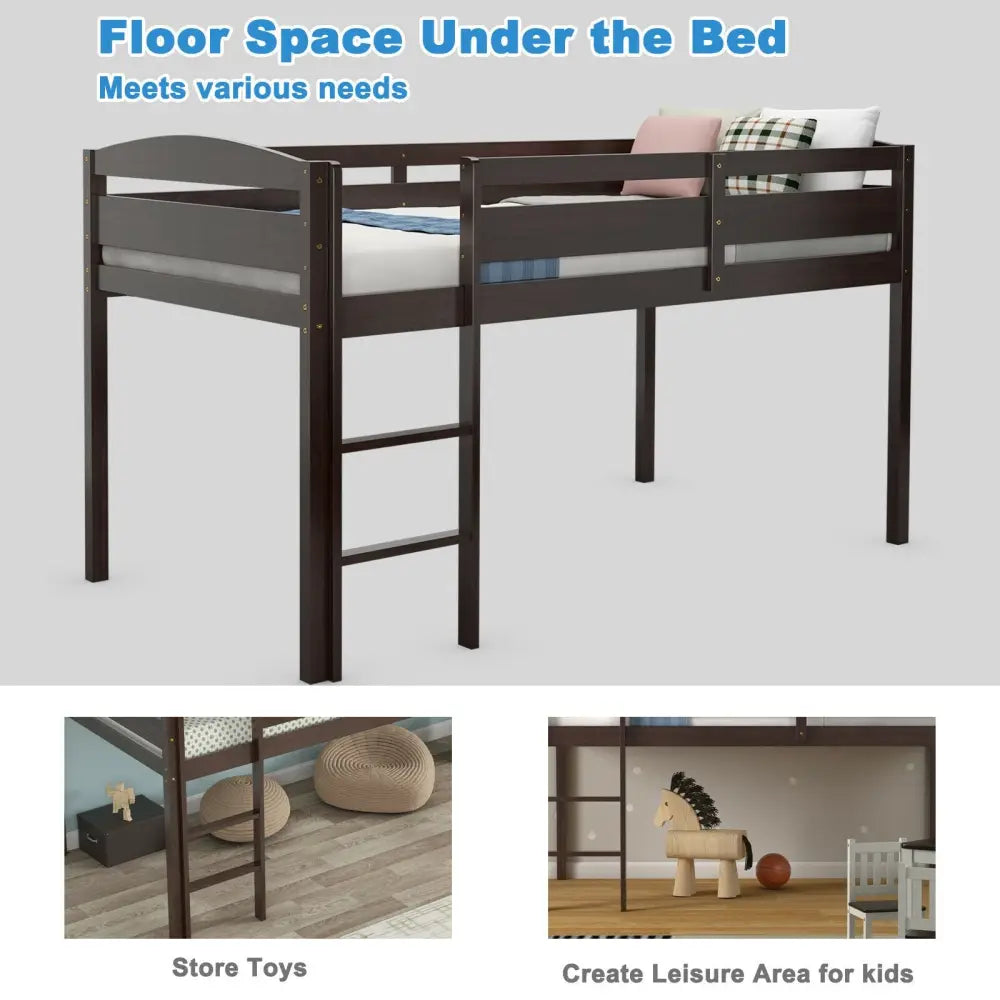 Wooden Twin Low Loft Bunk Bed with Guard Rail and Ladder-Dark Brown - Dark Brown - Bunk Bed Frame