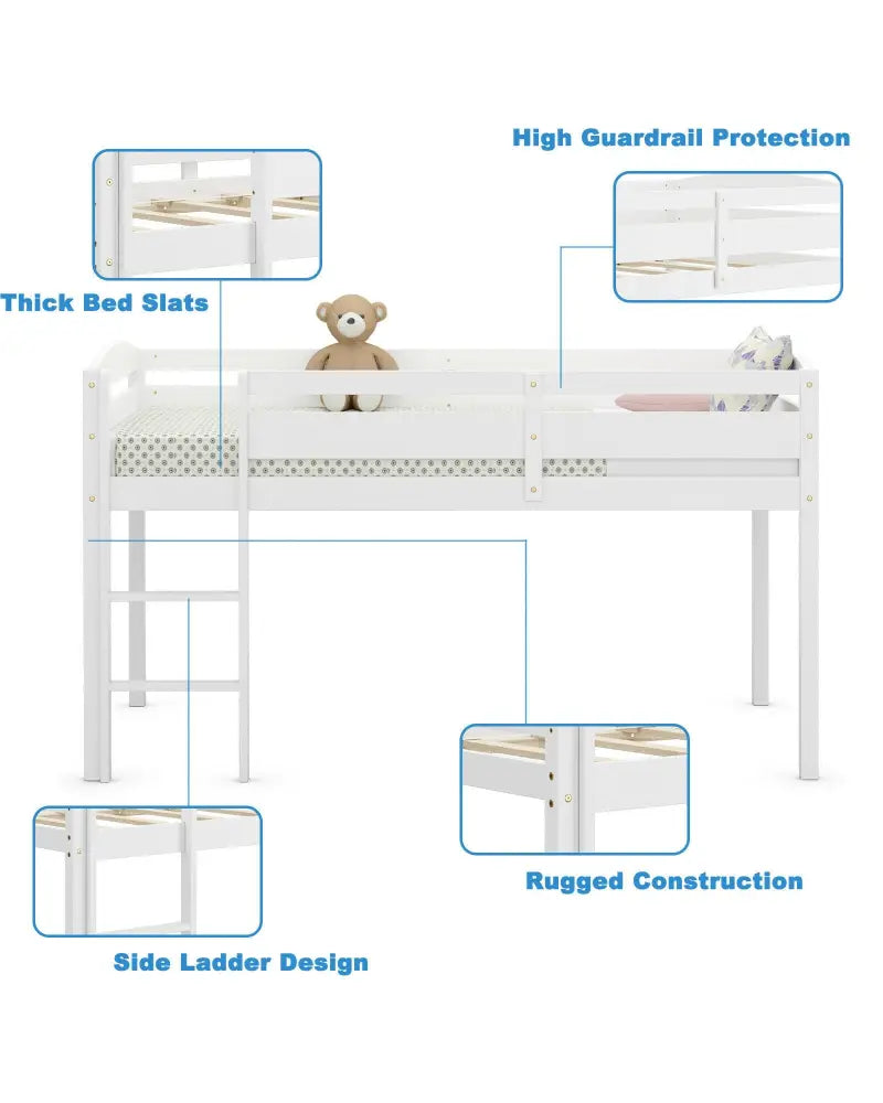 Wooden Twin Low Loft Bunk Bed with Guard Rail and Ladder-White - White - Bunk Bed Frame