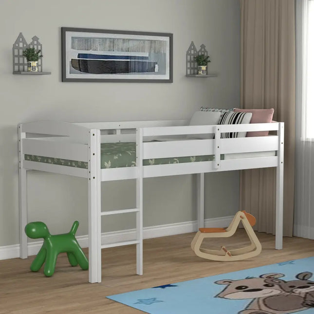 Wooden Twin Low Loft Bunk Bed with Guard Rail and Ladder-White - White - Bunk Bed Frame