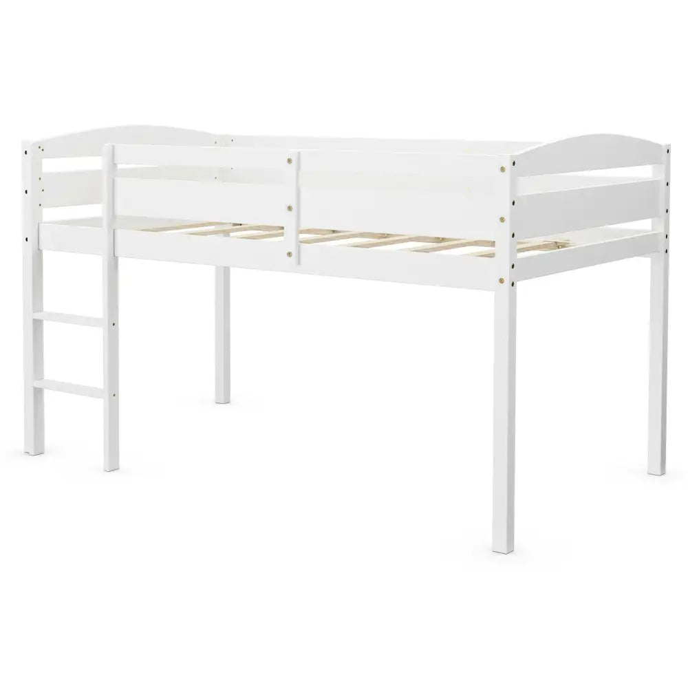 Wooden Twin Low Loft Bunk Bed with Guard Rail and Ladder-White - White - Bunk Bed Frame