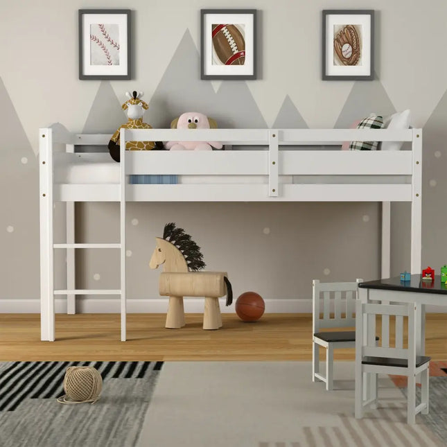 Wooden Twin Low Loft Bunk Bed with Guard Rail and Ladder-White - White - Bunk Bed Frame