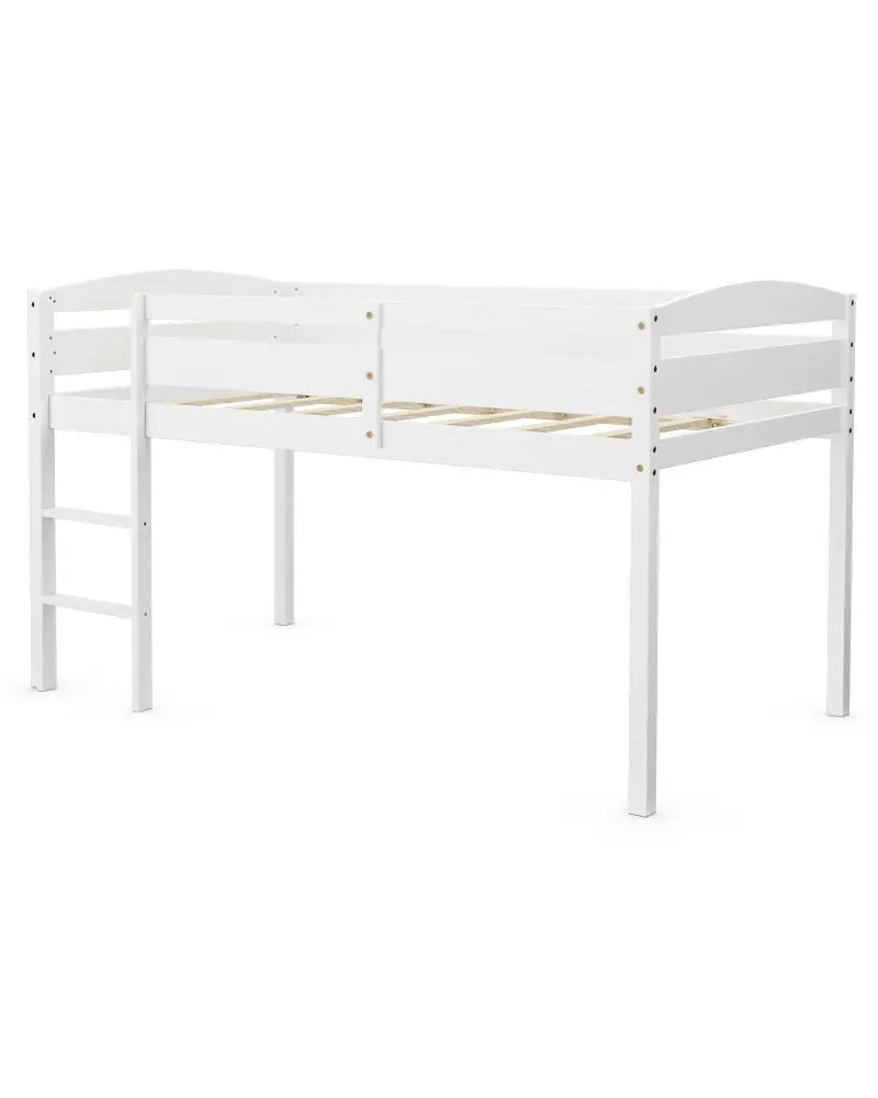 Wooden Twin Low Loft Bunk Bed with Guard Rail and Ladder-White - White - Bunk Bed Frame