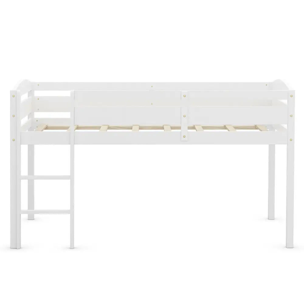 Wooden Twin Low Loft Bunk Bed with Guard Rail and Ladder-White - White - Bunk Bed Frame