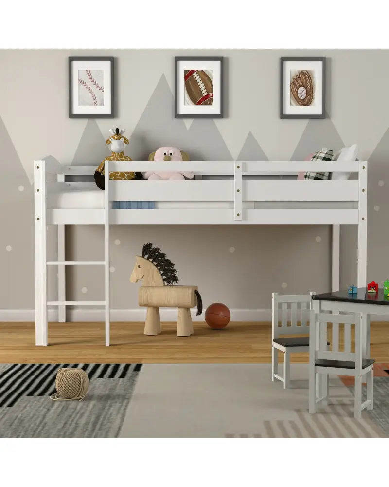 Wooden Twin Low Loft Bunk Bed with Guard Rail and Ladder-White - White - Bunk Bed Frame