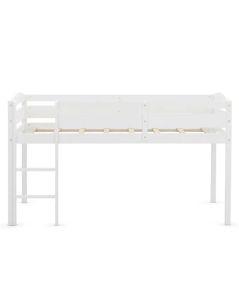 Wooden Twin Low Loft Bunk Bed with Guard Rail and Ladder-White - White - Bunk Bed Frame