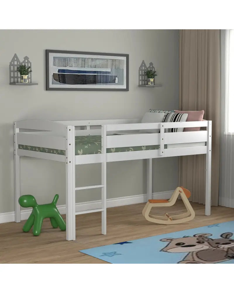 Wooden Twin Low Loft Bunk Bed with Guard Rail and Ladder-White - White - Bunk Bed Frame