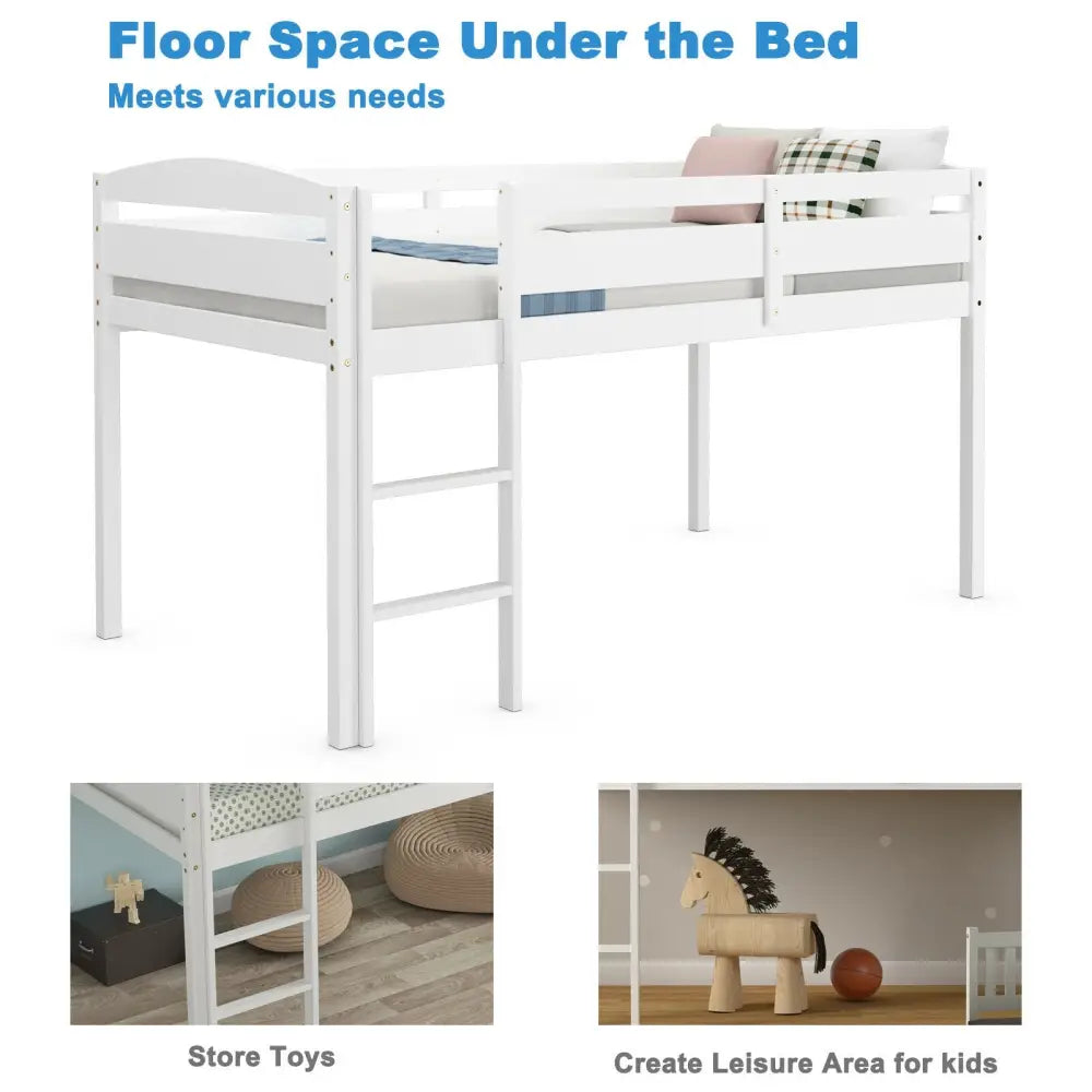 Wooden Twin Low Loft Bunk Bed with Guard Rail and Ladder-White - White - Bunk Bed Frame