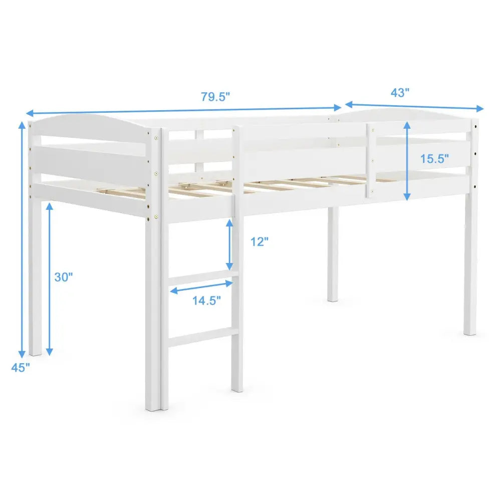 Wooden Twin Low Loft Bunk Bed with Guard Rail and Ladder-White - White - Bunk Bed Frame