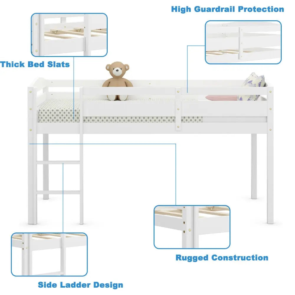 Wooden Twin Low Loft Bunk Bed with Guard Rail and Ladder-White - White - Bunk Bed Frame