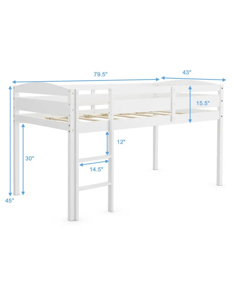 Wooden Twin Low Loft Bunk Bed with Guard Rail and Ladder-White - White - Bunk Bed Frame