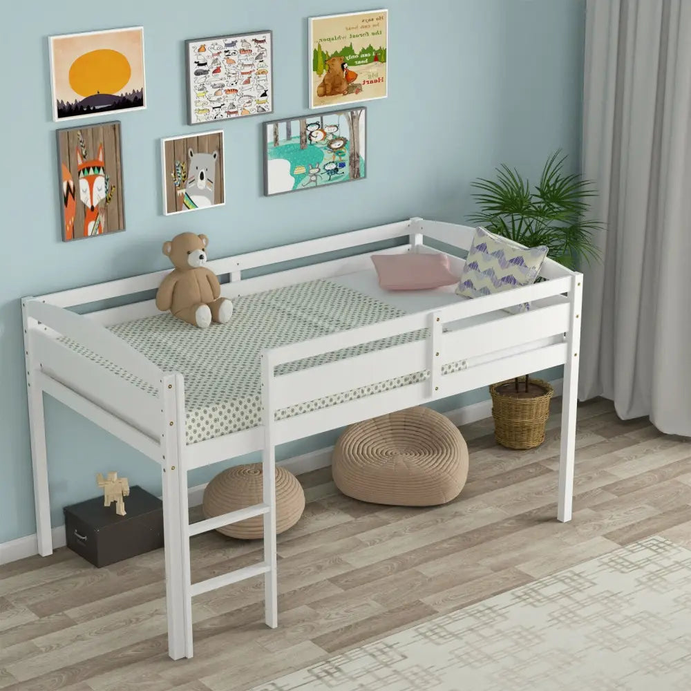 Wooden Twin Low Loft Bunk Bed with Guard Rail and Ladder-White - White - Bunk Bed Frame