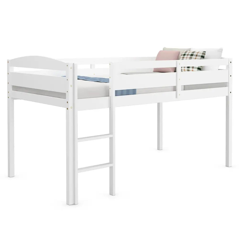 Wooden Twin Low Loft Bunk Bed with Guard Rail and Ladder-White - White - Bunk Bed Frame