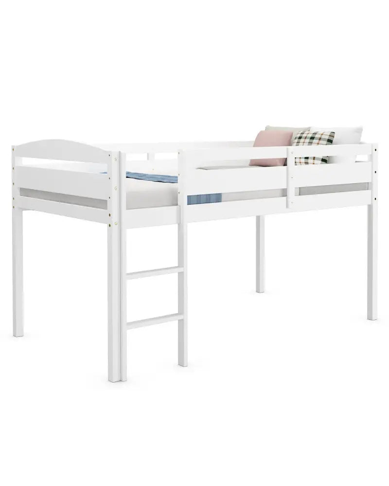 Wooden Twin Low Loft Bunk Bed with Guard Rail and Ladder-White - White - Bunk Bed Frame