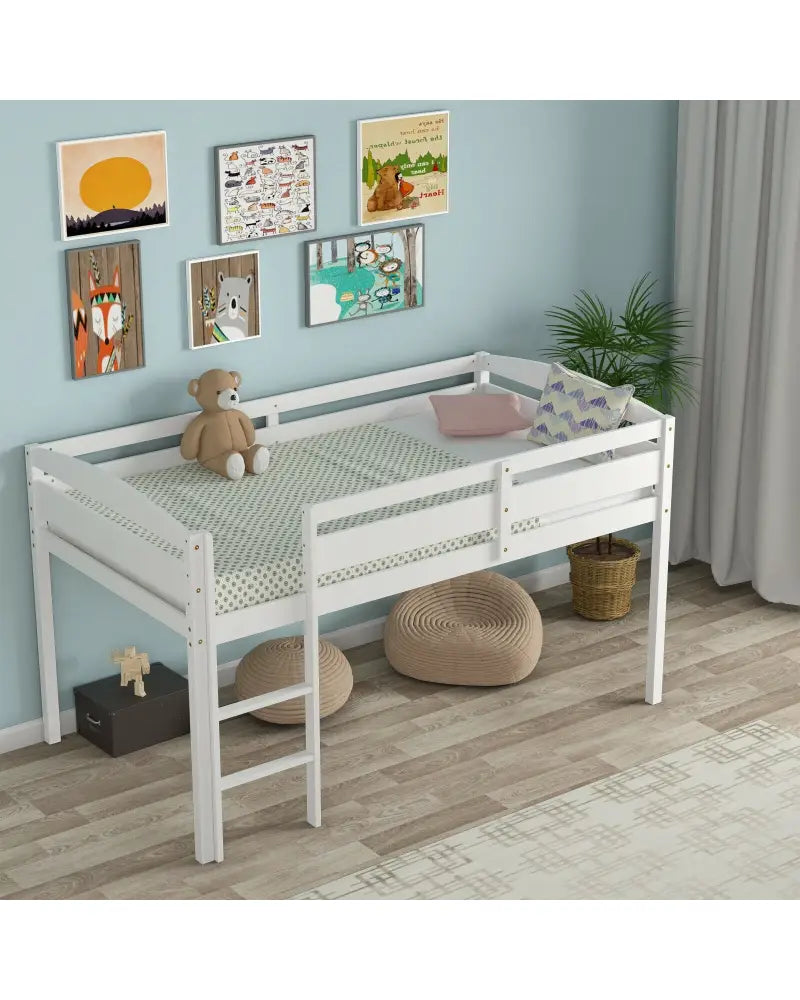 Wooden Twin Low Loft Bunk Bed with Guard Rail and Ladder-White - White - Bunk Bed Frame