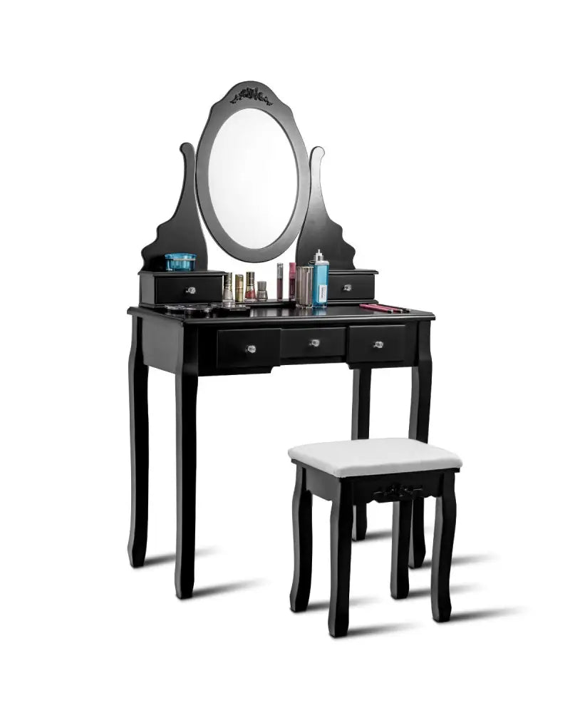 Wooden Vanity Set with 360° Rotating Oval Mirror and Cushioned Stool-Black - Black - Makeup Vanities