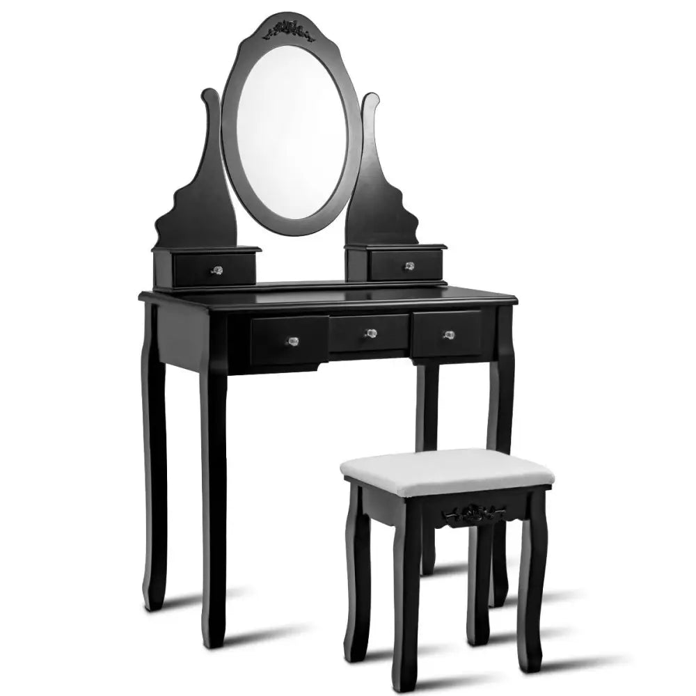 Wooden Vanity Set with 360° Rotating Oval Mirror and Cushioned Stool-Black - Black - Makeup Vanities