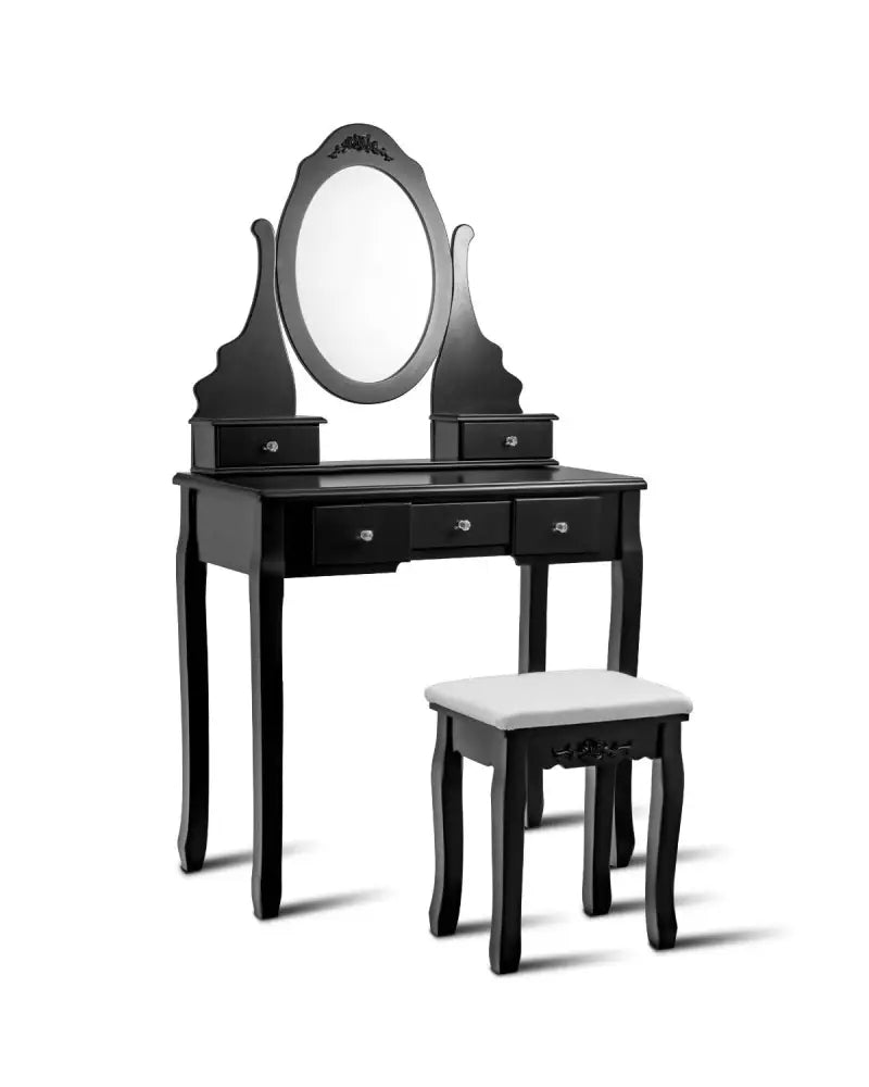 Wooden Vanity Set with 360° Rotating Oval Mirror and Cushioned Stool-Black - Black - Makeup Vanities