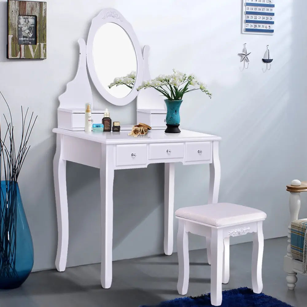Wooden Vanity Set with 360° Rotating Oval Mirror and Cushioned Stool-White - White - Makeup Vanities