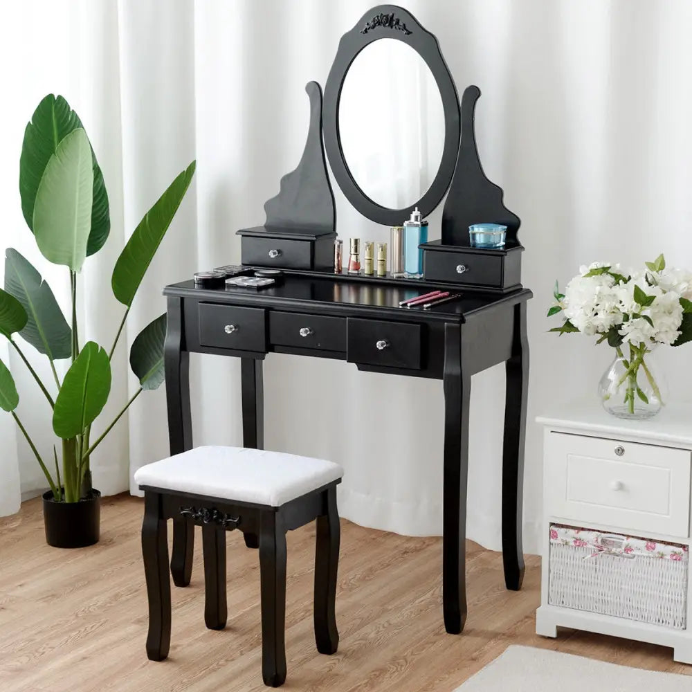 Wooden Vanity Set with 360° Rotating Oval Mirror and Cushioned Stool-Black - Black - Makeup Vanities