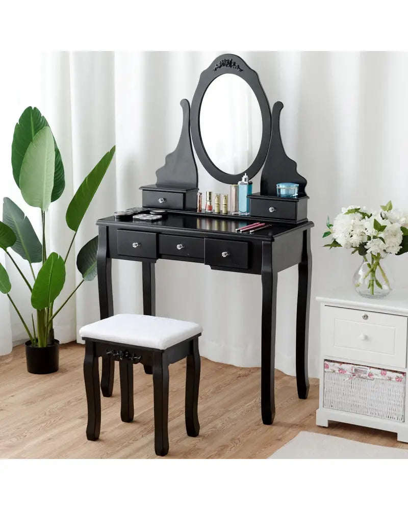 Wooden Vanity Set with 360° Rotating Oval Mirror and Cushioned Stool-Black - Black - Makeup Vanities