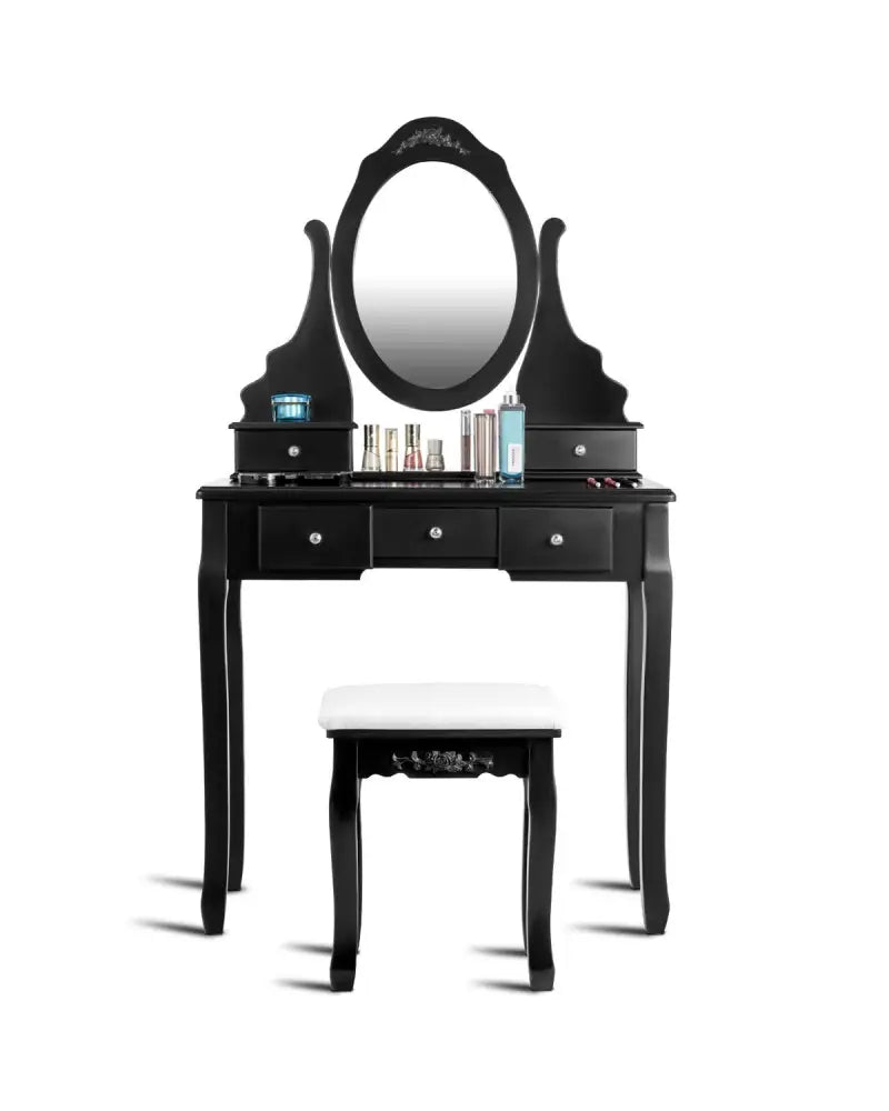 Wooden Vanity Set with 360° Rotating Oval Mirror and Cushioned Stool-Black - Black - Makeup Vanities